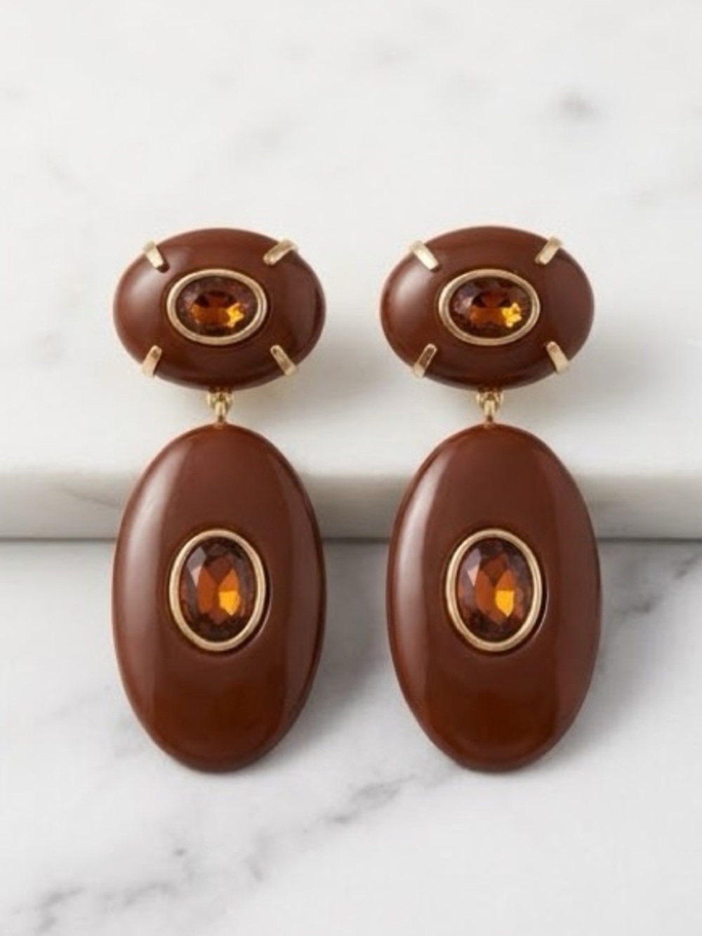 Gold-tone & Brown Resin Drop Statement Earrings with Gem Accents